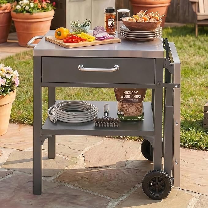 JIJIWANG 54.7" Outdoor Kitchen Island with Stainless Steel Top and Foldable Table, Kitchen Island with Drawer and Shelf, BBQ Cart with Wheels for Backyard Patio Gray