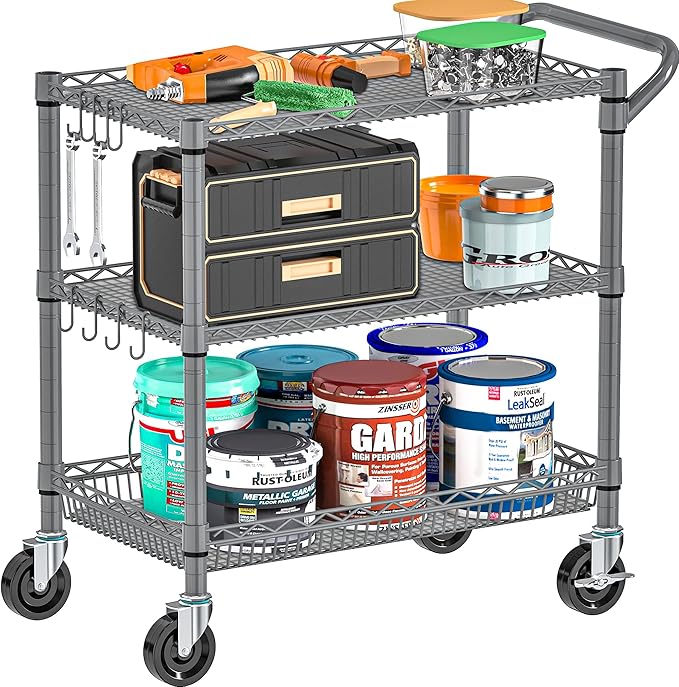 Folews Heavy Duty Rolling Cart with Wheels for Kitchen & Garage, 990LBS 3-Tier Metal Utility Cart, Adjustable Shelves & Basket, Lockable Casters, Commercial Storage Trolley, Gray
