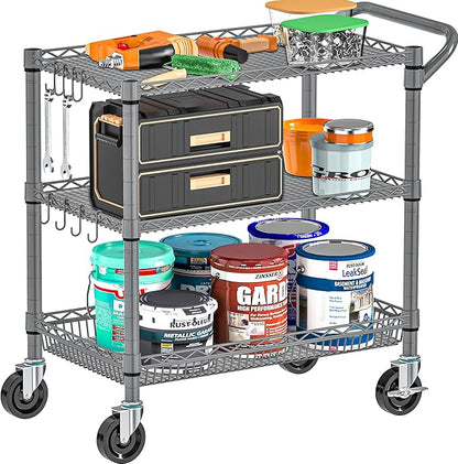 Folews Heavy Duty Rolling Cart with Wheels for Kitchen & Garage, 990LBS 3-Tier Metal Utility Cart, Adjustable Shelves & Basket, Lockable Casters, Commercial Storage Trolley, Gray
