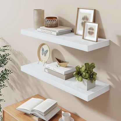 Fun Memories 36 Inch Floating Shelves in White, 9.3 Inch Deep Floating Shelf for Bathroom Living Room Kitchen, Rusitc Wall Mounted Bathroom Shelves 2 Pack, Heavy-Duty Deep Shelf for Books Decor