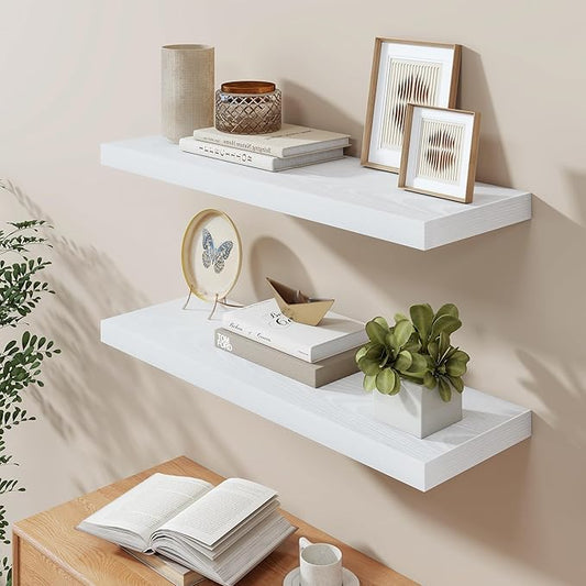 Fun Memories 36 Inch Floating Shelves in White, 9.3 Inch Deep Floating Shelf for Bathroom Living Room Kitchen, Rusitc Wall Mounted Bathroom Shelves 2 Pack, Heavy-Duty Deep Shelf for Books Decor
