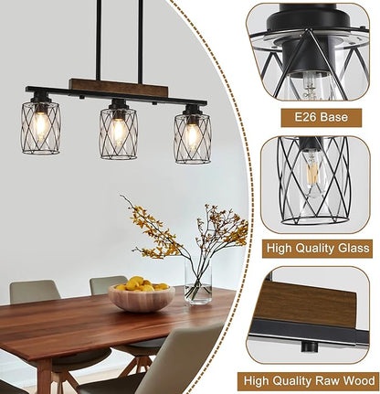 3-Light Dining Room Light Fixture/Chandelier Over Table, Island Lighting Hanging for Farmhouse Linear Chandeliers Matte Black Rustic Wood Ceiling Pendant Light Fixtures, with Clear Glass Shade
