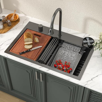Lordear 31 Inch Drop In Waterfall Kitchen Sink with Faucet 31x20 Black Kitchen Sink Ledge Workstation Gunmetal Black 16 Gauge Single Bowl Topmount Handmade Sinks with Cup Washer