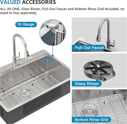 33"x22" Drop In Kitchen Sink Ledge Workstation – 16 Gauge 304 Stainless Steel, Single Bowl Overmount Top Mount Sink Basin with Faucet Combo & Glass Rinser