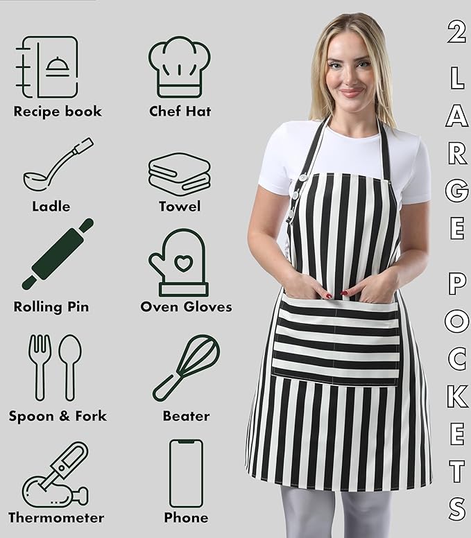 TOSHEX Kitchen Apron Waterdrop Resistant Cotton Apron with adjustable Aprons for Women with Pockets Cooking Apron Chef Apron for Men (1, Black)