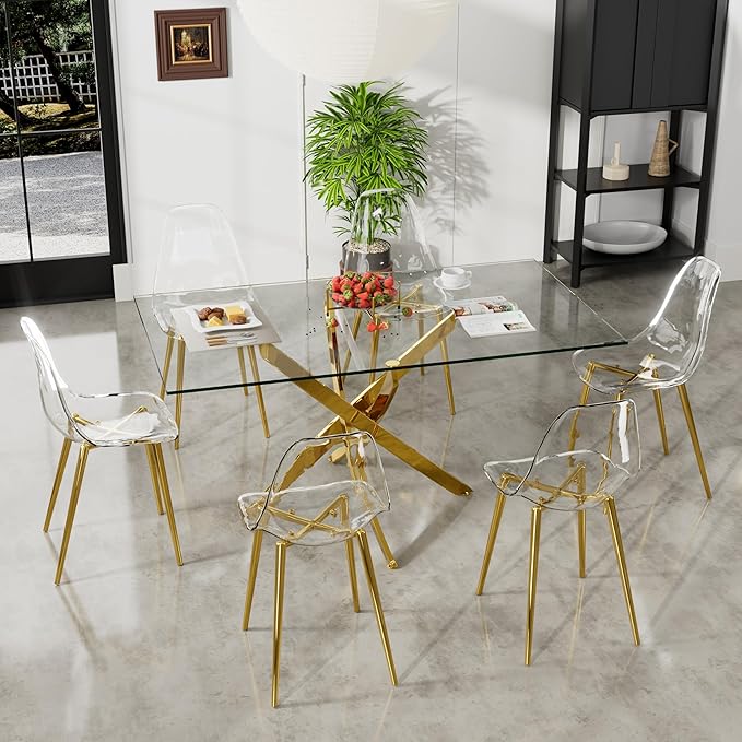 63" Glass Dining Table for 4-6, Contemporary Rectangular Dining Room Table with Tempered Glass Top & Gold Finish Stainless Steel Legs, Modern Large Dining Table for Home Kitchen