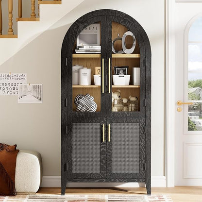 63" Arched Storage Cabinet with Glass & Rattan Door, 5-Tier Modern Farmhouse Kitchen Pantry Cabinet Kitchen Storage Cabinet Adjustable Shelf for Living Room Dining Room Office, Black