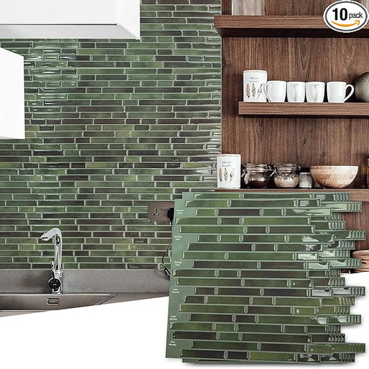 Art3d 10-Sheet Peel and Stick Backsplash Tile for Kitchen - 12”×12” Stick on Wall Tile for Kitchen Bathroom Countertop Living Room, Green