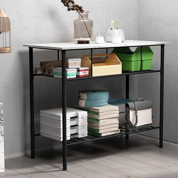 Multifunctional Counter Height Kitchen Dining Room Prep Table Kitchen Island, Kitchen Storage Rack with Large Worktop & Shelves, Console Side Table for Living Room, Faux Marble Tabletop (C) (A)