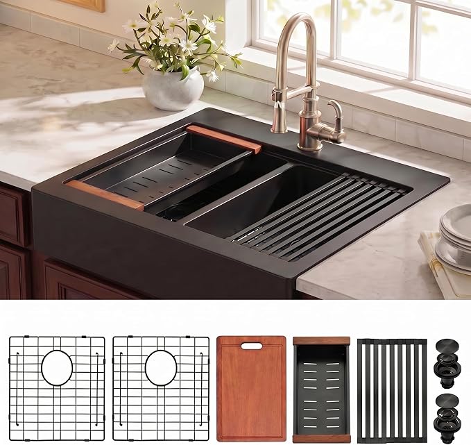 LQS Double Bowl Kitchen Sink, Undermount/Drop In Kitchen Sink, Double Bowl Stainless Steel Kitchen Sinks, 16 Gauge Stainless Steel Handmade Sinks (Black, 36" x 22" x 10")