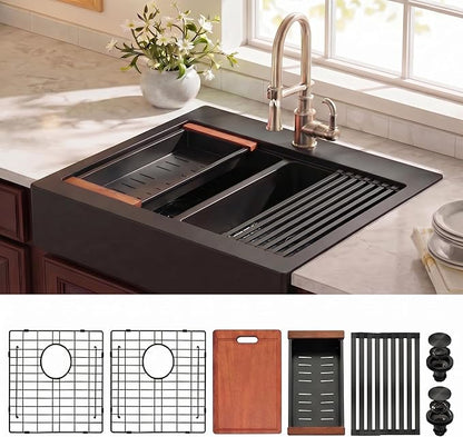 LQS Double Bowl Kitchen Sink, Undermount/Drop In Kitchen Sink, Double Bowl Stainless Steel Kitchen Sinks, 16 Gauge Stainless Steel Handmade Sinks (Black, 36" x 22" x 10")