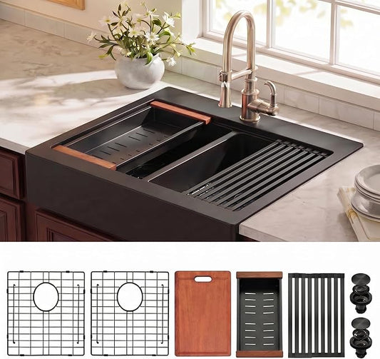 LQS Double Bowl Kitchen Sink, Undermount/Drop In Kitchen Sink, Double Bowl Stainless Steel Kitchen Sinks, 16 Gauge Stainless Steel Handmade Sinks (Black, 36" x 22" x 10")
