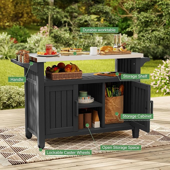 Bifanuo Resin Outdoor Kitchen Island with Stainless Steel Top & Storage Cabinet for Kitchen Prep, Weatherproof Outdoor Grill Table/Cart for BBQ Food Prep, Black