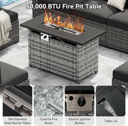 LazySunsets 8-Piece Patio Furniture Set with 44" Fire Pit Table, Wicker Outdoor Furniture, Patio Conversation Sets with Coffee Table, Outdoor Sectional Couch with Waterproof Cover, Black