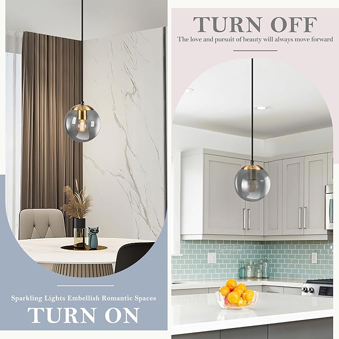 KoKo&Yukina 6 Inch Globe Pendant Light Gold Globe Pendant Lights Kitchen Island Mid Century Light Fixture with Grey Glass Shade for Dining Room