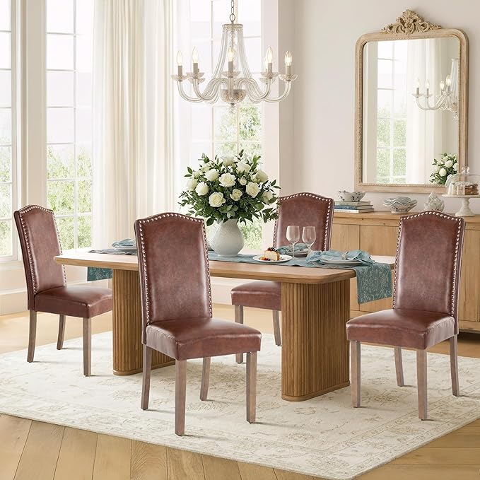 Upholstered Dining Chair Modern Stylish Parsons Kitchen Diner High Back with Silver Nailhead Trim & Wood Legs, Set of 6, PU Leather Light Brown