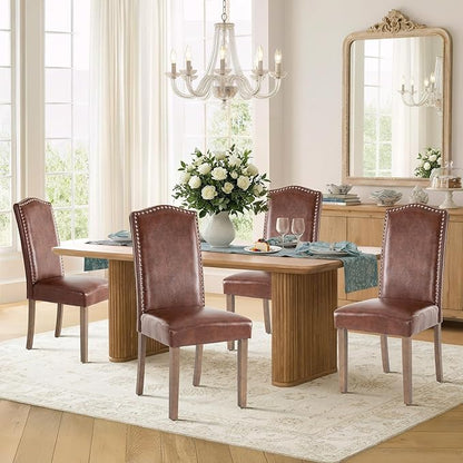 Upholstered Dining Chair Modern Stylish Parsons Kitchen Diner High Back with Silver Nailhead Trim & Wood Legs, Set of 6, PU Leather Light Brown