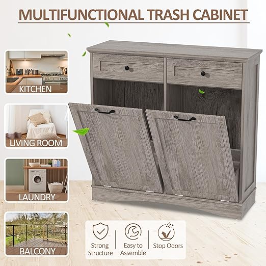 Double Tilt Out Trash Cabinet Freestanding Wooden Garbage Can Cabinet with Hideaway Drawers, 2x13 Gallons Pet Proof Garbage Can Holder for Kitchen Living Room, Grey