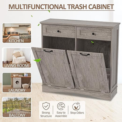 Double Tilt Out Trash Cabinet Freestanding Wooden Garbage Can Cabinet with Hideaway Drawers, 2x13 Gallons Pet Proof Garbage Can Holder for Kitchen Living Room, Grey