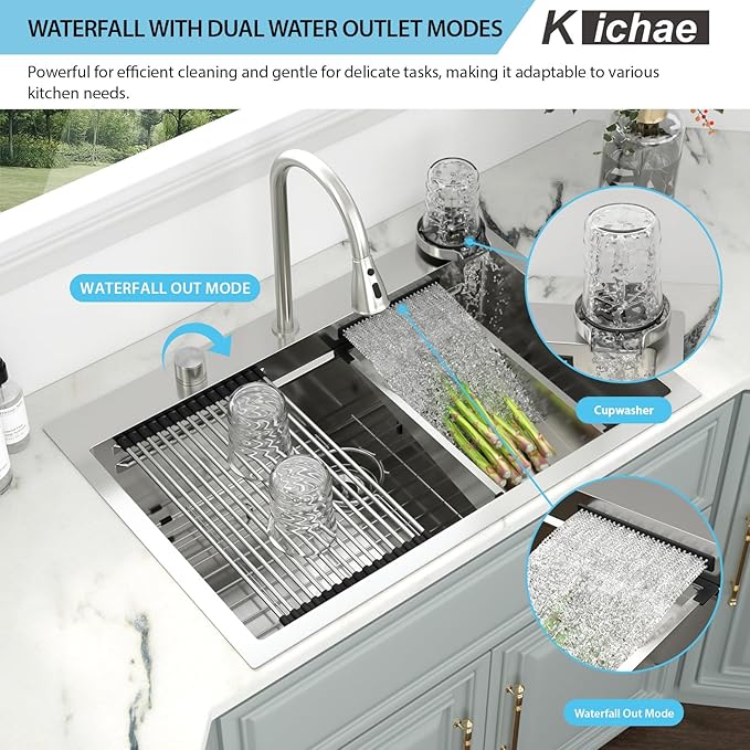 Kichae 33" x 22" Waterfall Sink Drop In - 33x22 Drop In Waterfall Kitchen Sink 304 Stainless Steel 16G Handmade Single Bowl Workstation Sinks with Faucet Combo & Glass Rinser