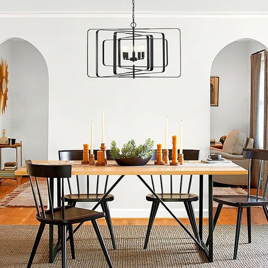 Untrammelife 32" Modern Black Chandelier - 5-Light Adjustable Height Geometric Rectangular Pendant Light Fixture for Dining Room, Living Room, Kitchen Island, Foyer