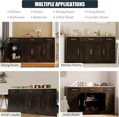 SUNLEI Kitchen Buffet Sideboard Cabinet, Farmhouse Storage Cabinet with 4 Doors and 3 Drawers, Wooden Base Cabinet with Adjustable Shelf for Living Room, Brown