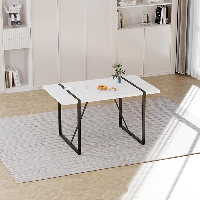 55" Stain-Resistant Dining Table, Kitchen Table with Metal Legs, Dinner Tables with Stable Frame for Dining Room & Living Space, White
