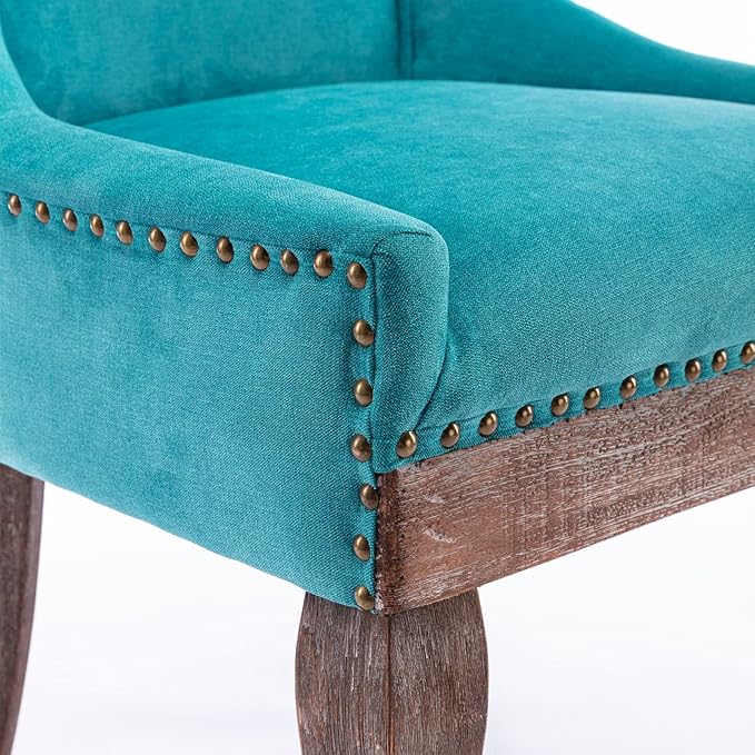 2 Pieces Dining Chair, Ergonomic Bar Chairs, Thickened Fabric Chairs with Neutral Toned Solid Wood Legs, Bronze Nail Head Accent, Sturdy Structure, Soft Comfort, for Living Room Dining Room, Blue