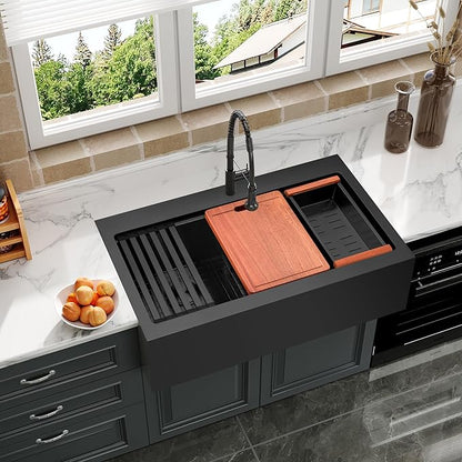 Black Farmhouse Kitchen Sink 36 x 22 Drop In, 50/50 Double Bowl Farm Sinks, 16 Gauge Stainless Steel Workstation Sink with Ledge & Accessories, 36" x 22" x 10" Large and Deep Double Sink