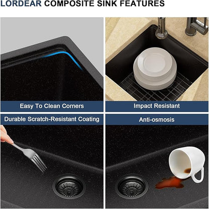 Lordear 18 Inch Black Granite Composite Kitchen Sink Workstation 18x18 Matte Black Undermount Quartz Sinks Under Counter Single Bowl Sink with Black Accessories