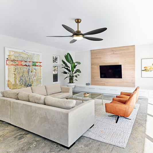 52" Smart Ceiling Fan with Light and Remote, Gold Modern Ceiling Fan with Black ABS Blades, Reversible DC Motor, 6-Speed LED Fan with 3-Color Temperature Lighting, Downrod Mount