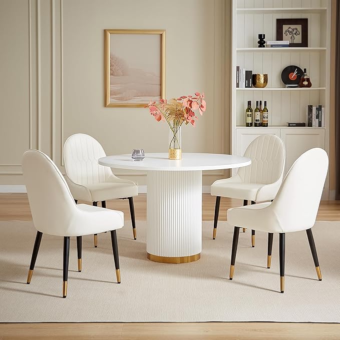 Round Dining Table Set for 6, 46.46" Modern Farmhouse Dining Table and 4 Leather Dining Chair, Circle Kitchen Tables with Wood & Gold Stainless Steel Base for Living Room, Kitchen,White