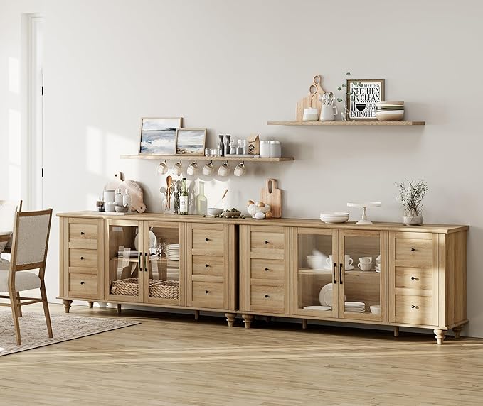 WAMPAT 2-in-1 Sideboard Buffet Cabinets with Glass Door, Kitchen Storage Cabinets, Wood Coffee Bar Tables, Accent Sideboard Storage Cabinet Table Dining Room, Living Room,Oak