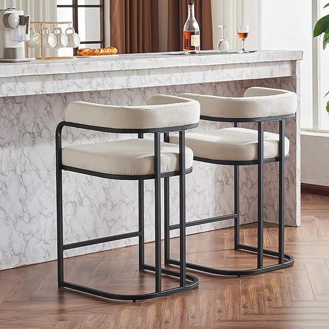 Modern Chenille Bar Stools Set of 2, Upholstered Counter Height Chairs with Metal e Armrests, Soft Chenille Fabric Bar Chairs for Kitchen Island, Dining Room, Home Bar,White PF966