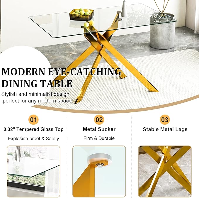 51inch Modern Glass Dining Table for 4, Kitchen Dining Room Table for 4, 0.32" Rectangular Tempered Glass Tabletop and Gold Metal Legs,Rectangle Dinner Tables for Kitchen, Dining Room