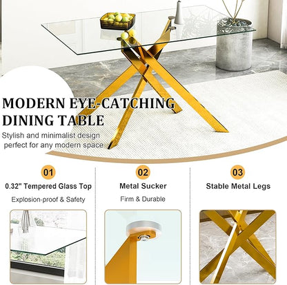 51inch Modern Glass Dining Table for 4, Kitchen Dining Room Table for 4, 0.32" Rectangular Tempered Glass Tabletop and Gold Metal Legs,Rectangle Dinner Tables for Kitchen, Dining Room