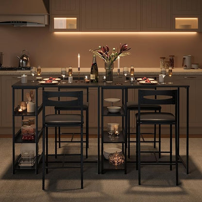GarveeHome 3-Piece Kitchen Table Set with Storage Shelves & 2 Upholstered Chairs - Iron and Wood Dining Table for Small Spaces, Apartments, Condos, Black