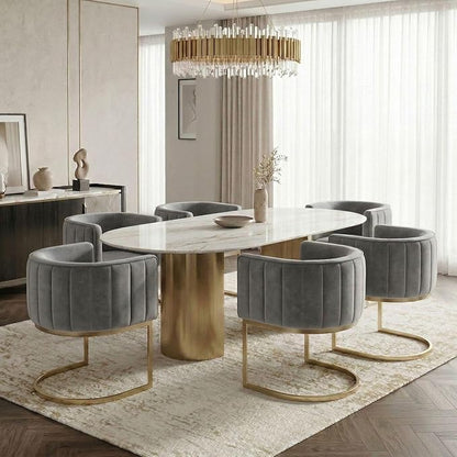 Hyfirm Gray and Gold Modern Barrel Dining Room Chairs Set of 6, Velvet Upholstered Accent Chairs with Curved Back for Kitchen Island, Luxury Comfort Seating Cantilever Metal Frame