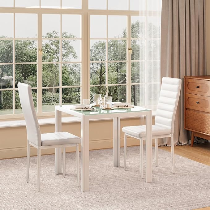 Gizoon 3 Piece Glass Dining Table Set, Kitchen and Chairs for 2, PU Leather Modern Room Sets for Home, Kitchen, Living Room