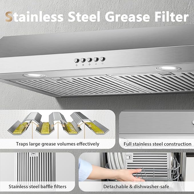 Under Cabinet Range Hood 30 inch, Stainless Steel Kitchen Hood 800CFM, Stove Hood with Push Button Control, Baffle Filters, Ducted/Ductless Convertible Duct