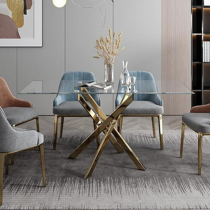 51" Glass Dining Table for 4, Contemporary Rectangular Dining Room Table with Tempered Glass Top & Golden Finish Stainless Steel Legs, Modern Kitchen Table for Home Office
