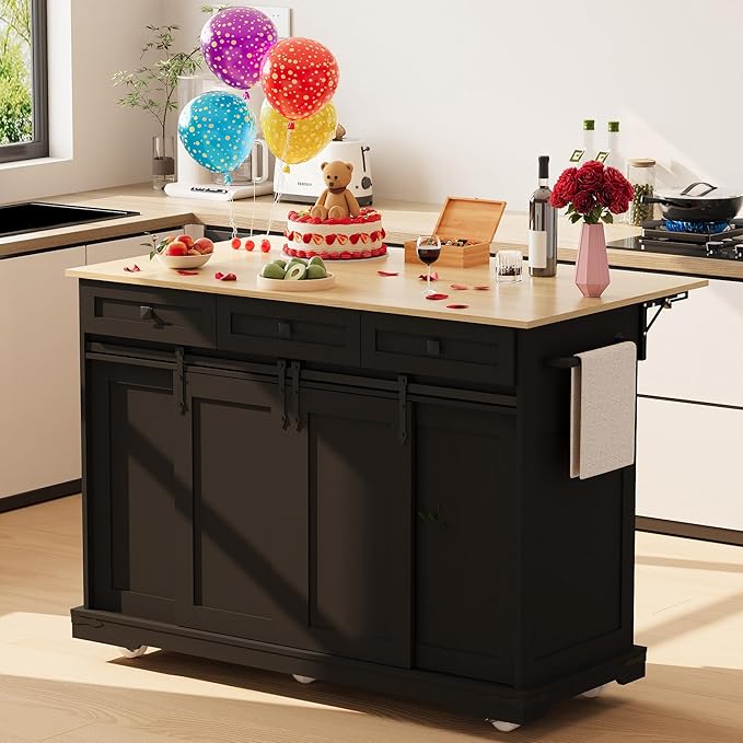 Large Rolling Kitchen Island with Power Outlet, Mobile Kitchen Cart on Wheels with Drop Leaf, 3 Drawers, Trash Can Storage, Spice Rack, Towel Holder, Kitchen Island Table for Dining Room, Home, Black