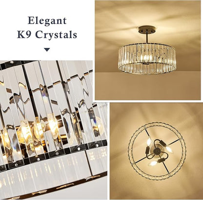 Pevfah Crystal Black Ceiling Light, Modern Semi Flush Mount Ceiling Lighting Fixture, Round Hallway Lighting Fixtures Chandelier for Kitchen Entryway Bedroom Dining Room, 3-Light, 15.7 Inch