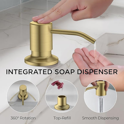 FORIOUS Gold Kitchen Faucet with Pull Down Sprayer, Modern Single Hole Kitchen Sink Faucet with Soap Dispenser, Deck Plate, Single Handle, High Arc Stainless Steel for RV Bar Farmhouse Laundry