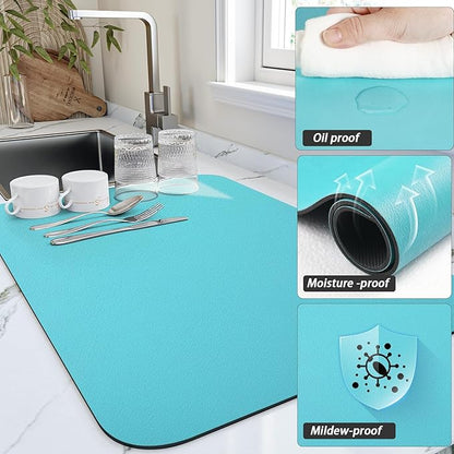 HotLive Dish Drying Mat for Kitchen Counter, Heat Resistant Drainer Mats with Non-slip Rubber Backed, Hide Stain Kitchen Super Absorbent Draining Mat, Easy to Clean Dish Rack Pad, Teal 18"x24"