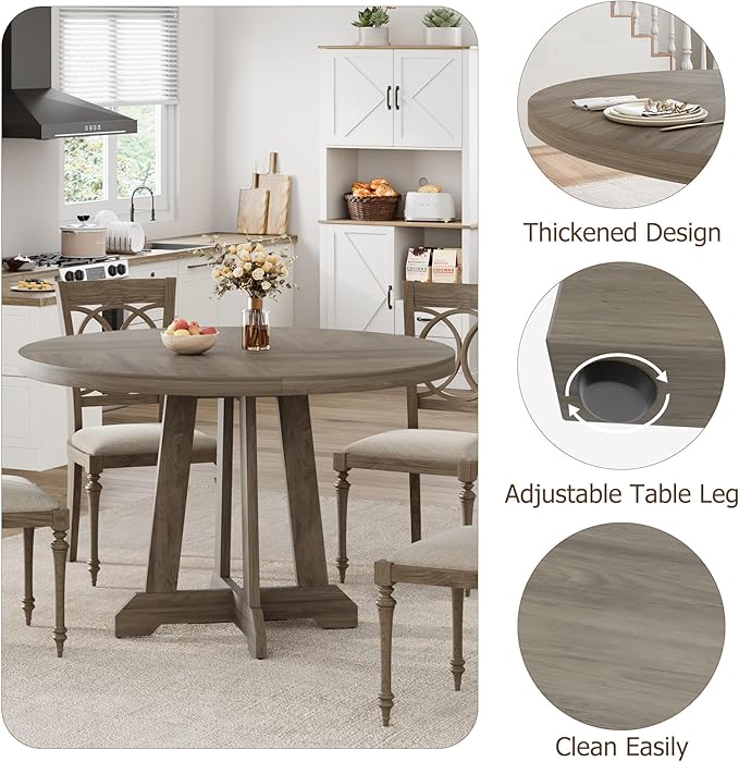 GarveeHome Round Dining Table for 4, 47 Inches Dining Room Table with Wooden Base, Kitchen Table with Circle Tabletop, Dinner Table for Dining Room, Kitchen, Living Room, Grey