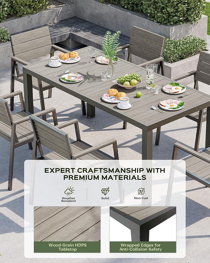 Vexwalx 7-Piece Outdoor Dining Set, Aluminum Dining Table Set for 6, Patio Table and Chairs Set with Umbrella Hole, All Weather HDPS Outdoor Table and Chairs for 6 (Gray)