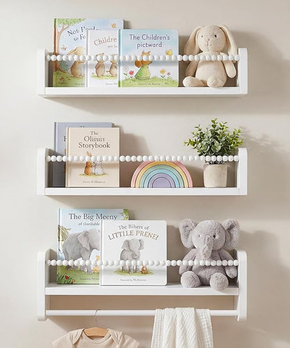 Nursery Book Shelves for Wall Set of 3, White Natural Wood Bookshelf Wall Decor, Small Floating Shelf Organizer for Kids Room, Bedroom, Kitchen Spice Rack