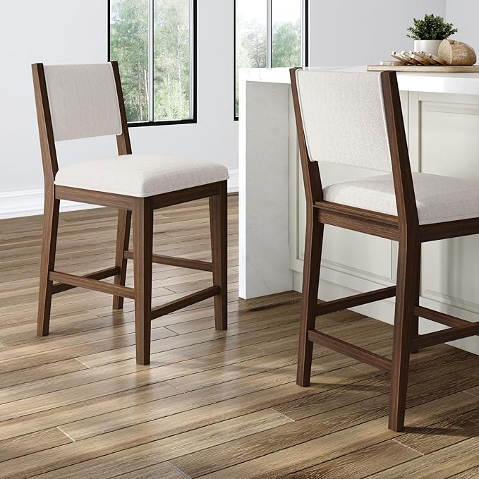 Plank+Beam Sereno Counter Stool, 24", Set of 2, Sturdy Wood Modern Kitchen Counter Height Stool, Upholstered Cushion Counter Chair with Back, Walnut/Ivory