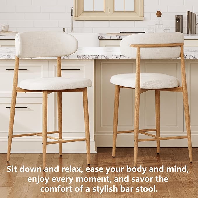 Set of 2 Counter Height Bar Stools: Upholstered Barstools with Metal Legs for Kitchen Island Dining Room in Beige - Comfortable & Chic Industrial Style, Premium Quality Bar Height Seating